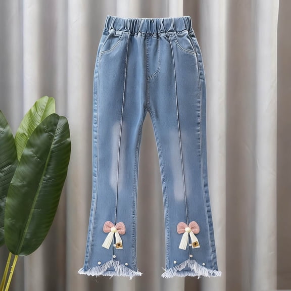 Hurxi Girls Wide Leg Jeans Kids Elastic Waist Casual Demin Pants with Pockets Light Blue,10-11 Years