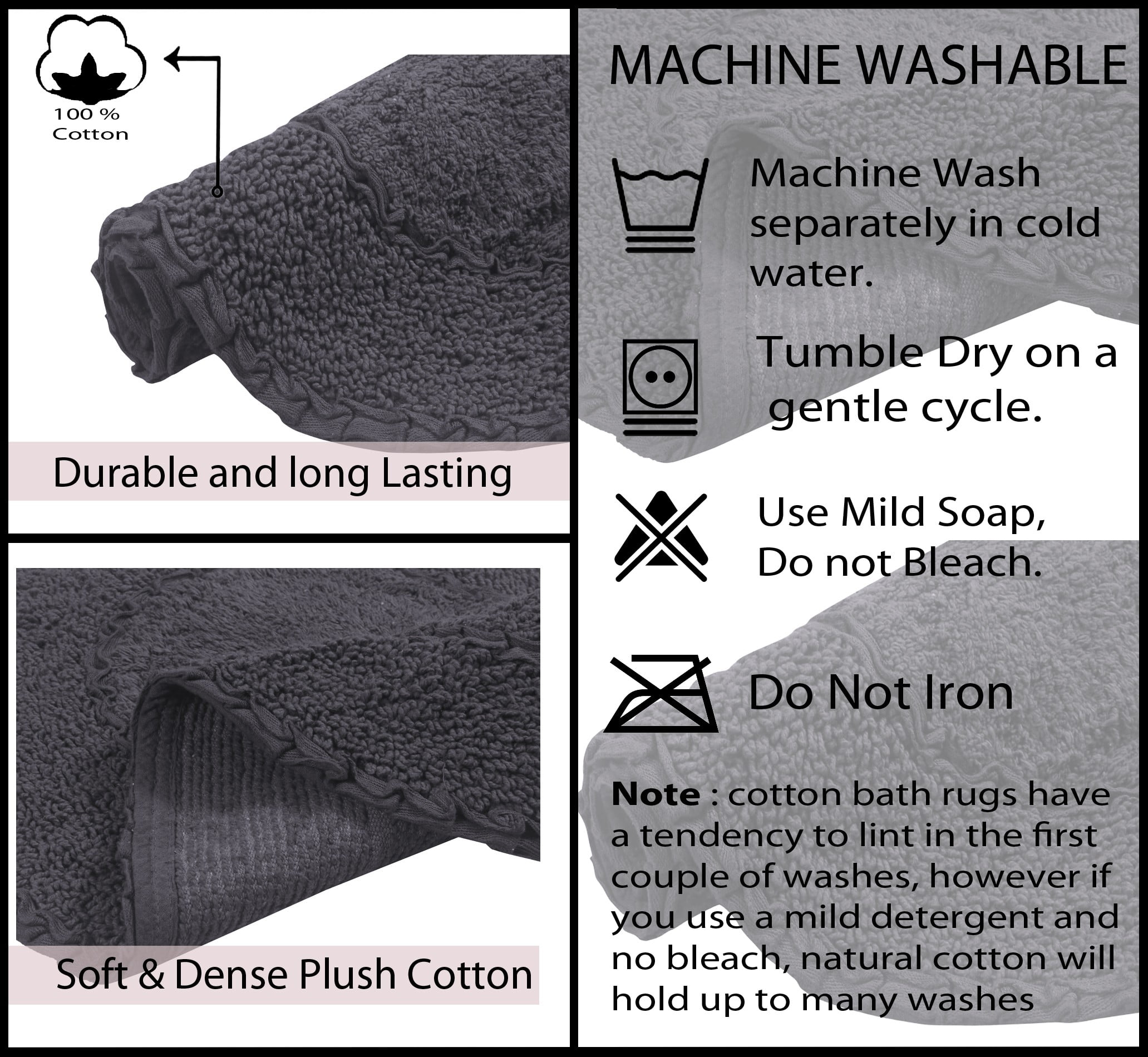 Home Weavers Double Ruffle Collection 100% Cotton Non-Slip Bathroom Rug Set Machine Washable Bathroom Rug-17"x24", Bath Rug- 21"x34", U Shaped Contour- 20"x20", Gray Color 3 Piece Bath Rug set
