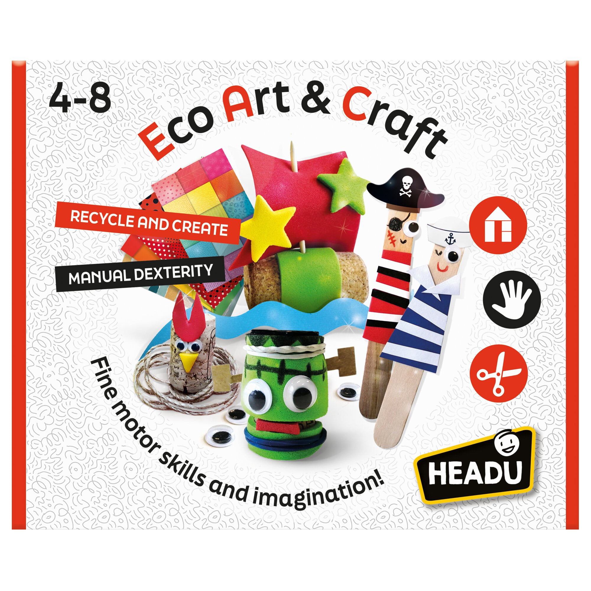 Headu: Eco Art & Craft - Transform Recyclables Into Creations, DIY Characters & Objects, Paper Patterns, Corks, Wood Sticks, Stickers, Foam, Kids 4+