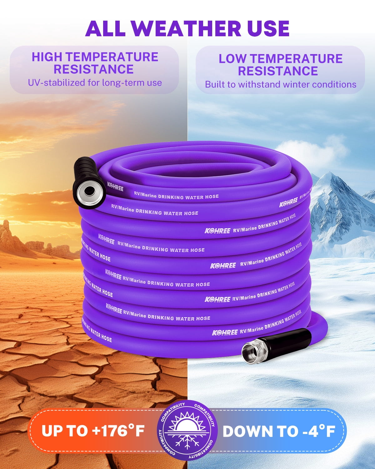 Kohree 50FT RV Water Hose – NSF Certified 5/8" Premium Drinking Water Hose, Safe & Lead-Free, No Kink and Flexible Garden Hose with Storage Bag for RV, Camper, Truck, Car, Purple
