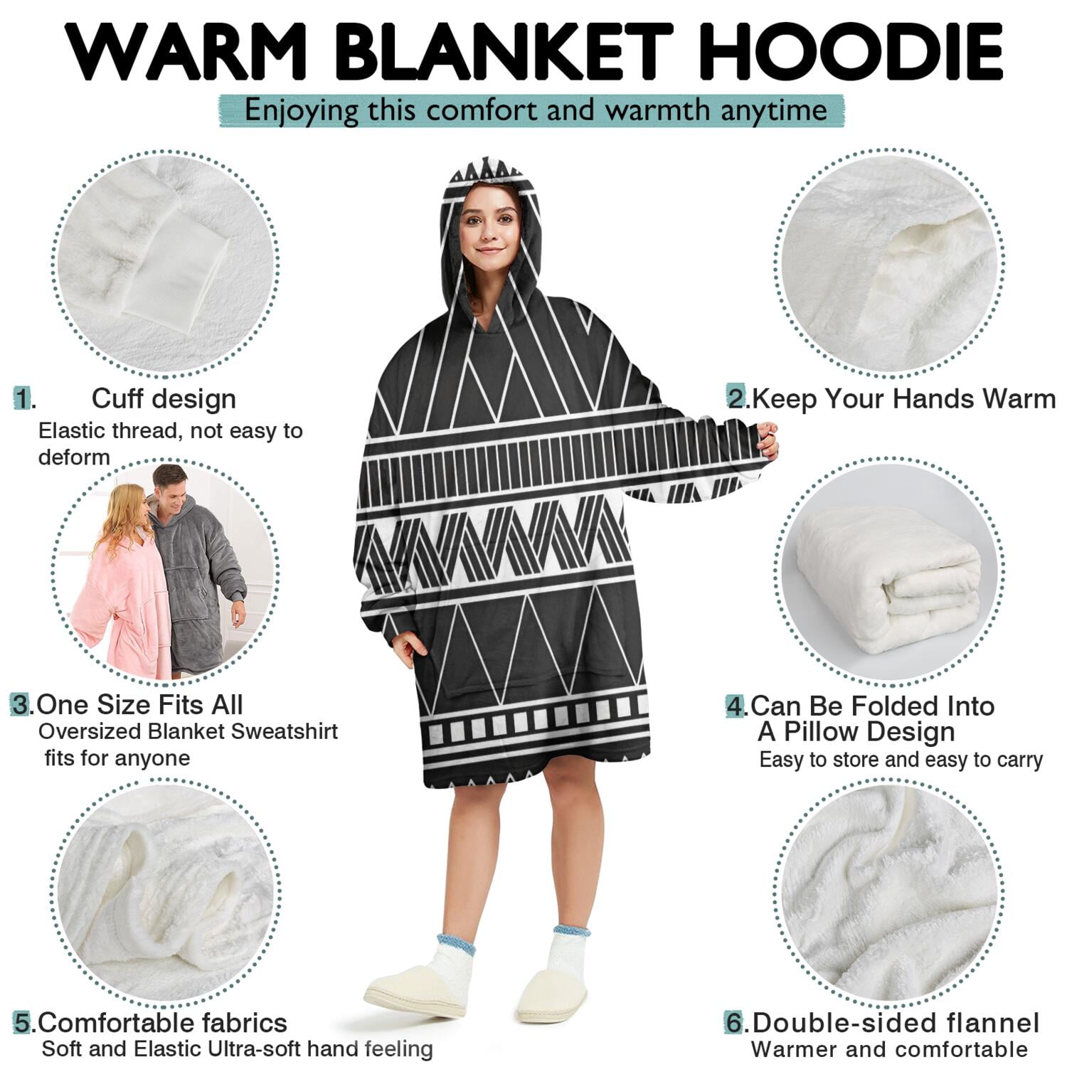 Wearable Oversized Blanket,Black Geometric Striped Pattern Wearable Blanket Hoodie for Adults,Cozy Hooded Blankets with Super Pockets,Super Warm Fuzzy Pullover for Women & Men