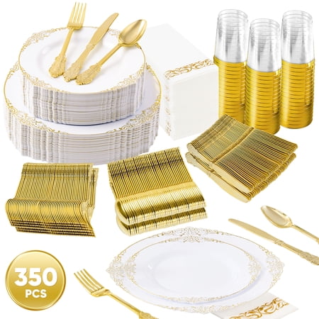 DALUVENIX 350 PCS GOLD PLASTIC DINNERWARE SET FOR 50 GUESTS,  DISPOSABLE DINNERWARE SETS INCLUDE 100 GOLD RIM PLASTIC PLATES, 50 SILVERWARES, 50 CUPS, AND 50 NAPKINS FOR PARTY, WEDDING, HOLIDAYS