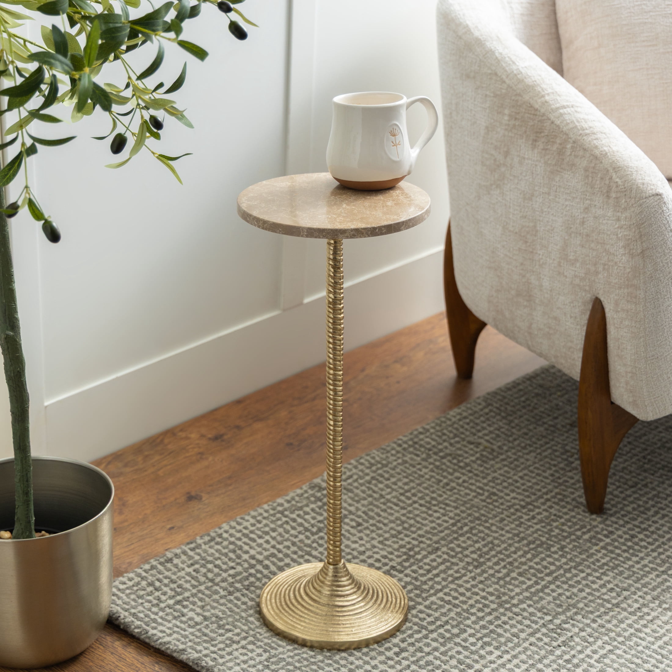 DecMode 10" x 25" Gold Aluminum Metal Pedestal Accent Table with Beige Marble Tabletop, 1-Piece