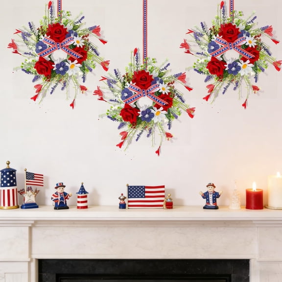 KUNPENG Patriotic Home Decor, 4th of July Wreath Set, Farmhouse Kitchen Ornaments, 4PCS Mini Patriotic American Cabinet Wreath Small Red White Blue Floral Wreath with Ribbon, 12.6"