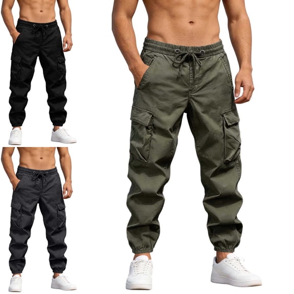 Danhjin Men's Cargo Pants Elastic Waist and Ankle with Drawstring Work Casual Hiking Camping Pants Straight Leg Solid Color Trousers with Pockets