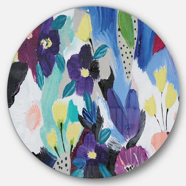 Designart 'Blue and Purple Flower Composition I' Traditional Metal Circle Wall Art