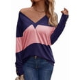 thumbnail image 3 of Blusas Elegantes e Informales para Mujer, con Bloques de Color, de Larga y Cuello en V, para Otoño. Azul L, 3 of 10