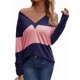 thumbnail image 3 of Blusas Elegantes e Informales para Mujer, con Bloques de Color, de Larga y Cuello en V, para Otoño. Azul L, 3 of 10