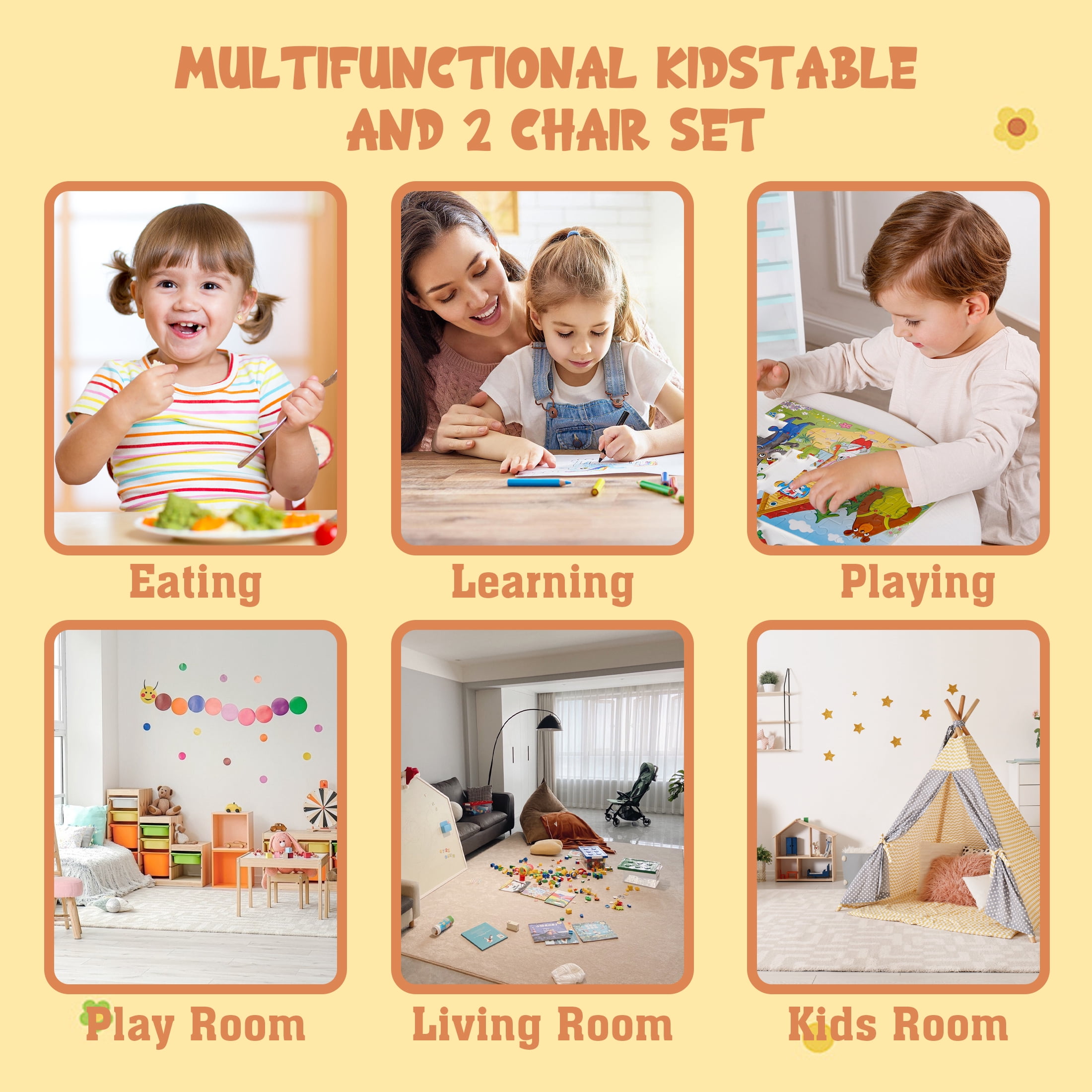 Aukfa Kids Table and Chairs Set, Wooden Play Table with 2 Chairs for Toddlers, Girls, Boys