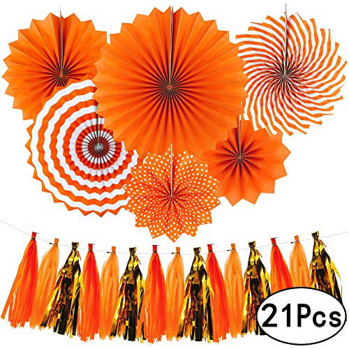 Orange Fall Party Hanging Tissue Paper Fans Decorations Thanksgiving Party Ceiling Hangings Baby Shower Wedding Party Tassel Garlands Decorations 21pc 
