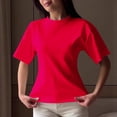 thumbnail image 4 of YUGYXL Plus Size T Shirts for Women Loose Fit Short Sleeve Shirt Summer Going Out Casual Crop Tops Cinched Waist Tshirts Red Top XS, 4 of 5