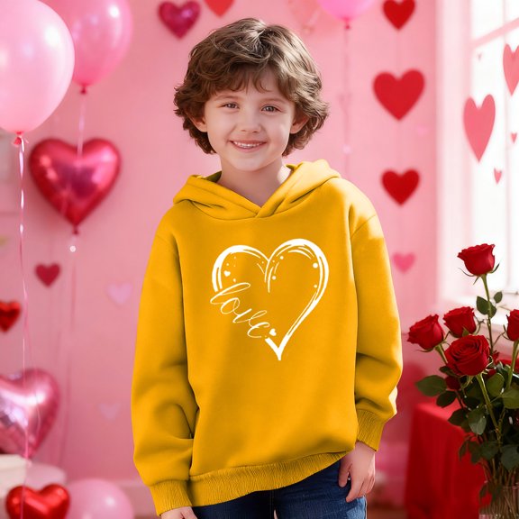 Girls Yellow Valentine Hoodie with Heart Design, Cute Oversized Pullover for Kids and Teens, Soft Lightweight Casual Hoodie for Everyday Wear,Size 5 T