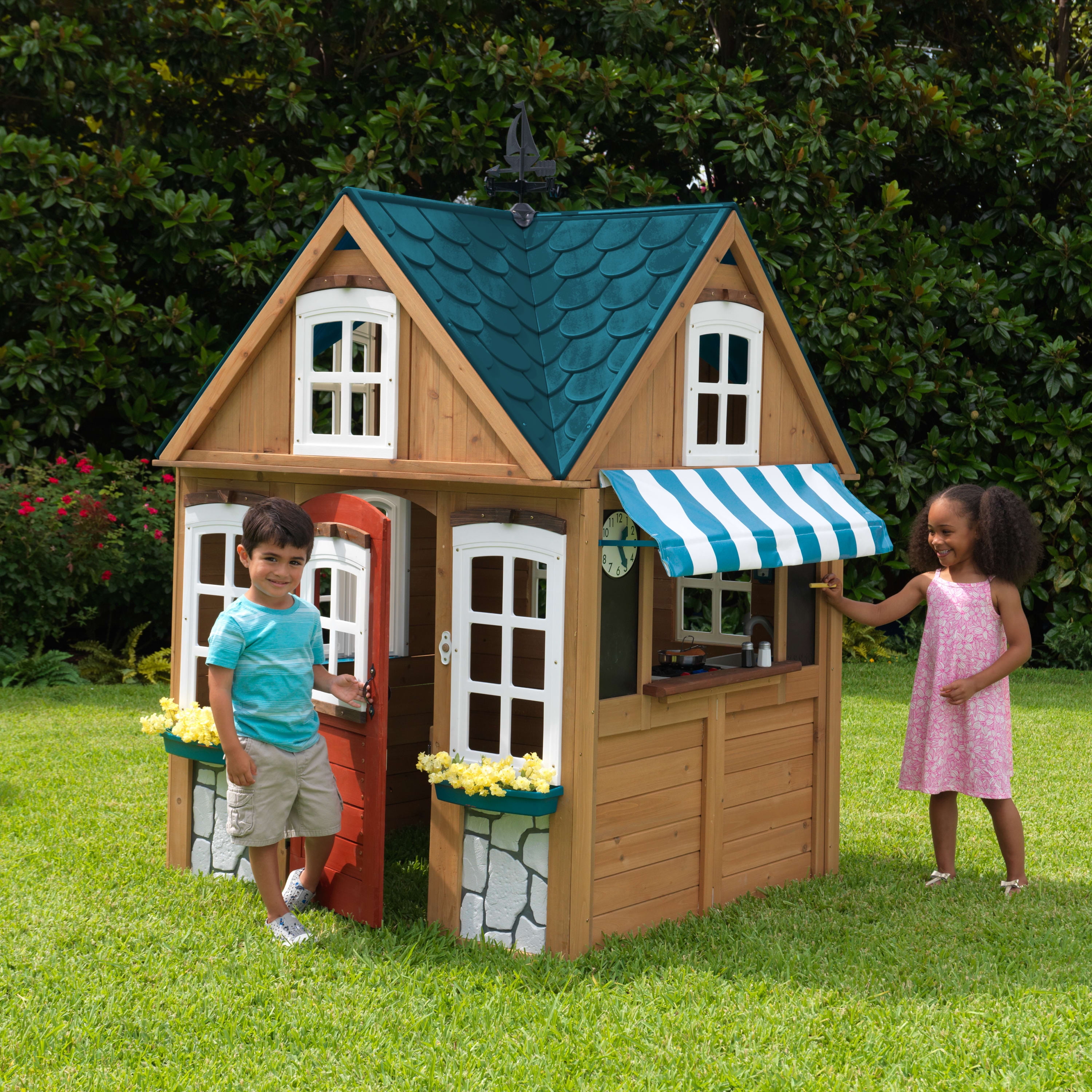 KidKraft Seaside Cottage Outdoor Wooden Playhouse with Ringing Doorbell, Bench and Kitchen