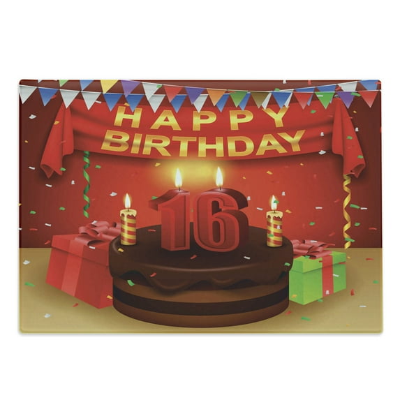 16th Birthday Cutting Board, Party Celebration with Flag Ribbon and Yummy Chocolate Cake Candles Print, Decorative Tempered Glass Cutting and Serving Board, Large Size, Multicolor, by Ambesonne
