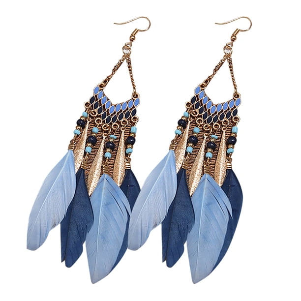 Mujeres Boho largo de plumas de borlas pendientes de joyería de la vendimia de perlas cuelgan pendientes colgantes
