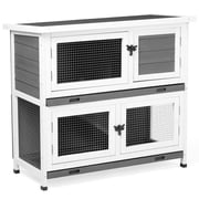 2 Story Rabbit Hutch, Compact Wooden Small Animal Cage with Pull-Out Trays & Waterproof Asphalt Roof, Grey Fir Wood Indoor Outdoor Pet House