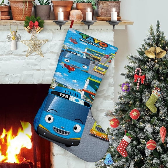 Tayo the Little Bus-theme Christmas Stockings,Fine white linen for Stairs Fireplace Hanging Xmas Home Decor Christmas gift17.7"X12.6"(45cm×32cm)