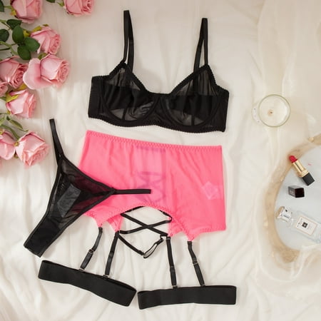 Generic Lace New Style Hot Sale Mesh Contrast Color Sexy Lingerie Three-Piece Set Female 27343
