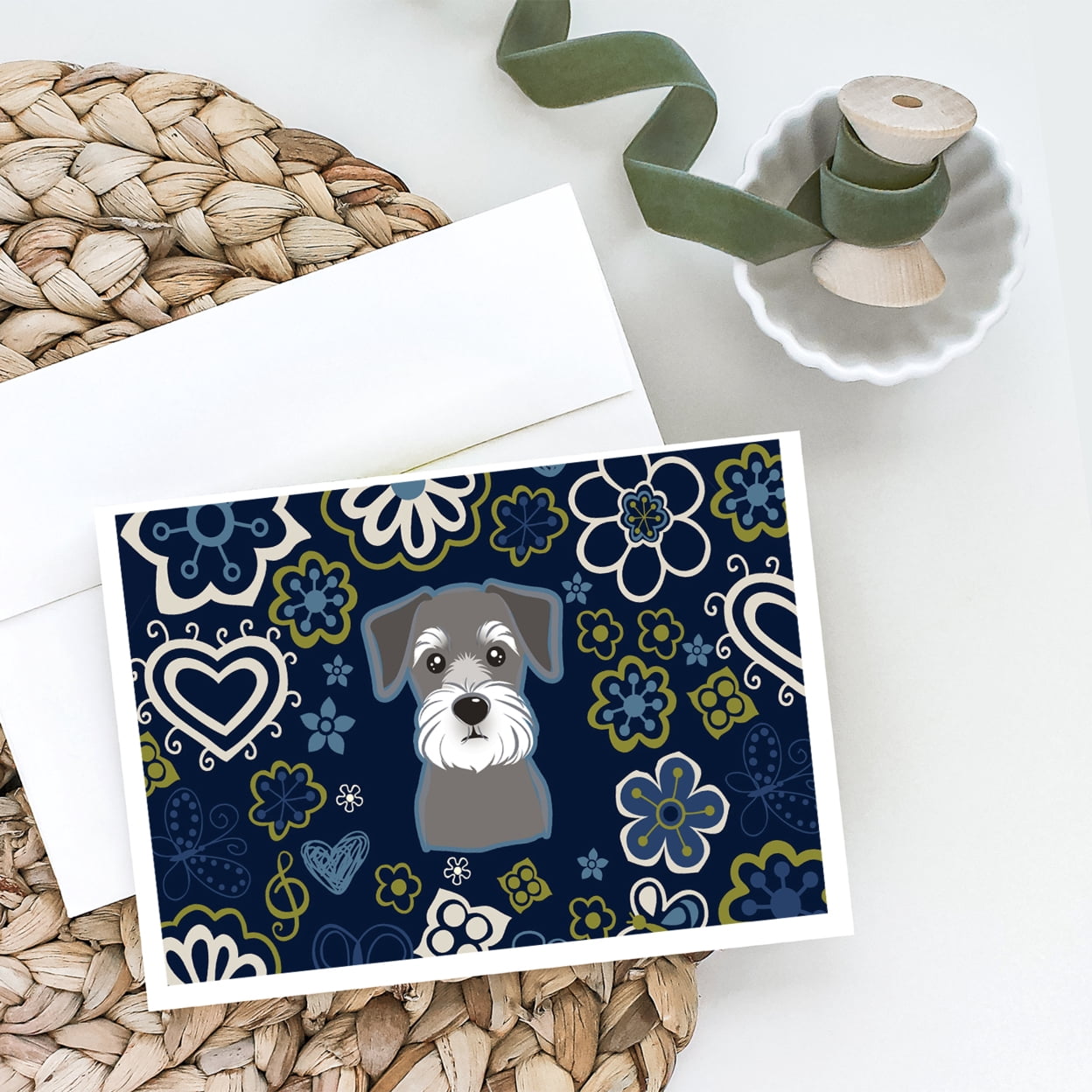 Carolines Treasures BB5057GCA7P Blue Flowers Schnauzer Greeting Cards and Envelopes Pack of 8 7 x 5 multicolor