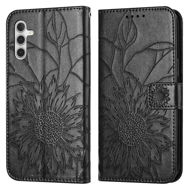 Funda tipo cartera con girasol grabado para Samsung A34 5g, multifuncional, elegante y con protección total.