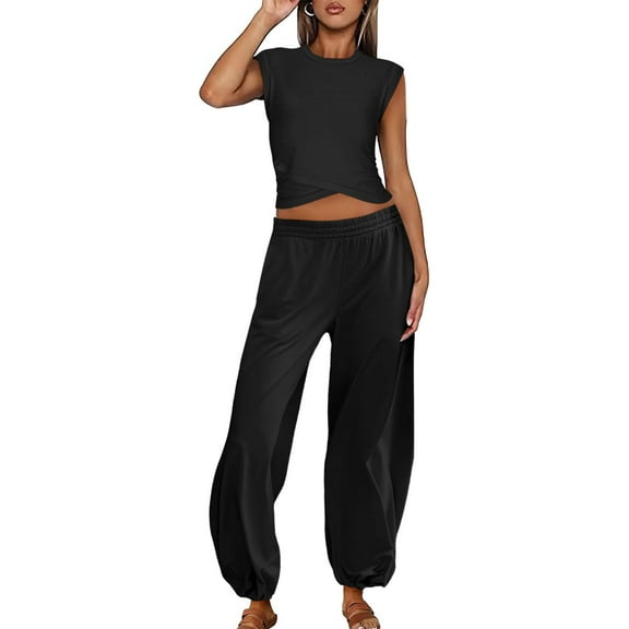 Abomasnow Womens 2 Piece Outfits Summer Casual V Neck Sleeveless Tops and Long Pants Tracksuit Lounge Jogger Set Athletics Running Gym Yoga Loungewear with Pockets