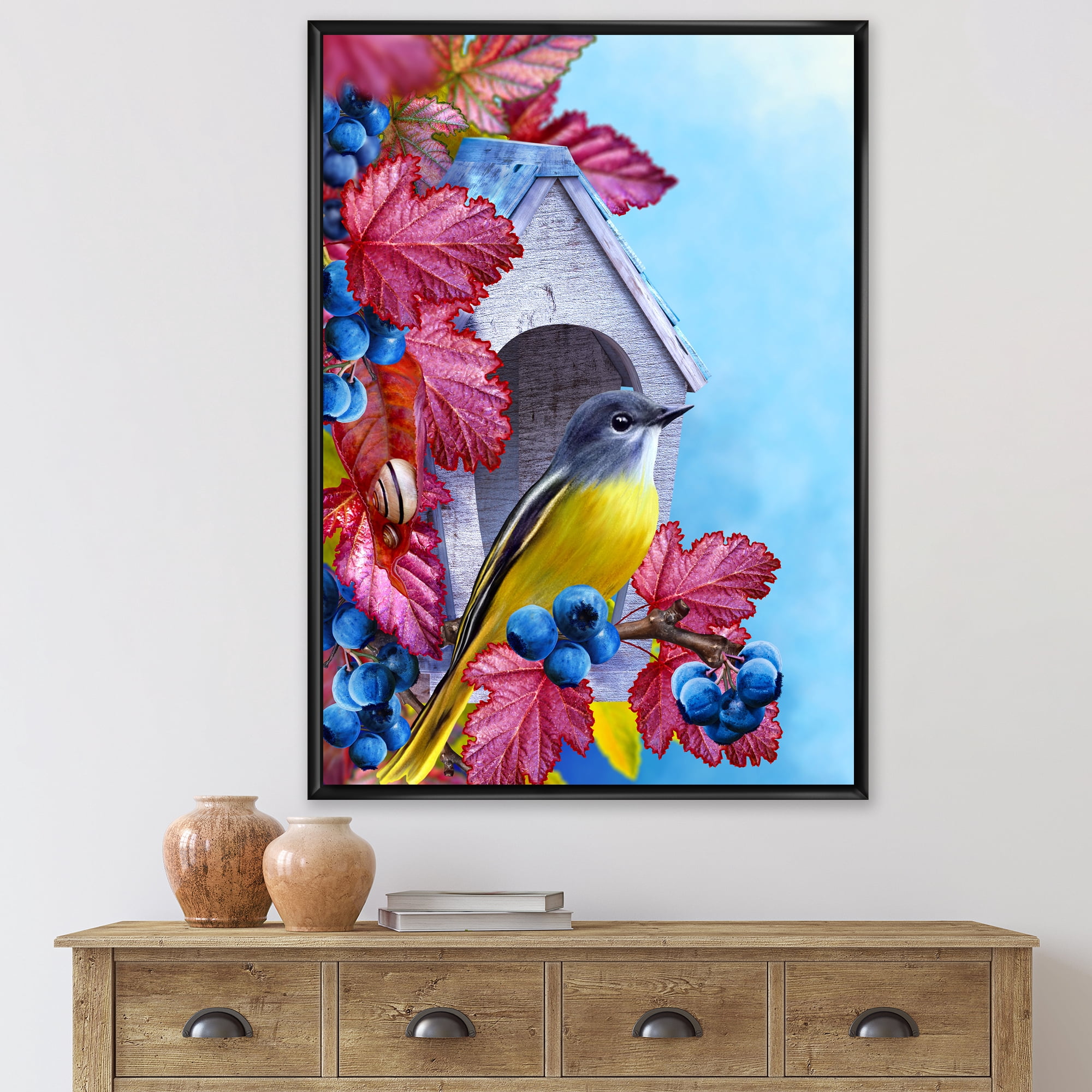 Designart 'Titmouse Bird Sitting On A Berries Branch Near A Birdhouse' Traditional Framed Canvas Wall Art Print