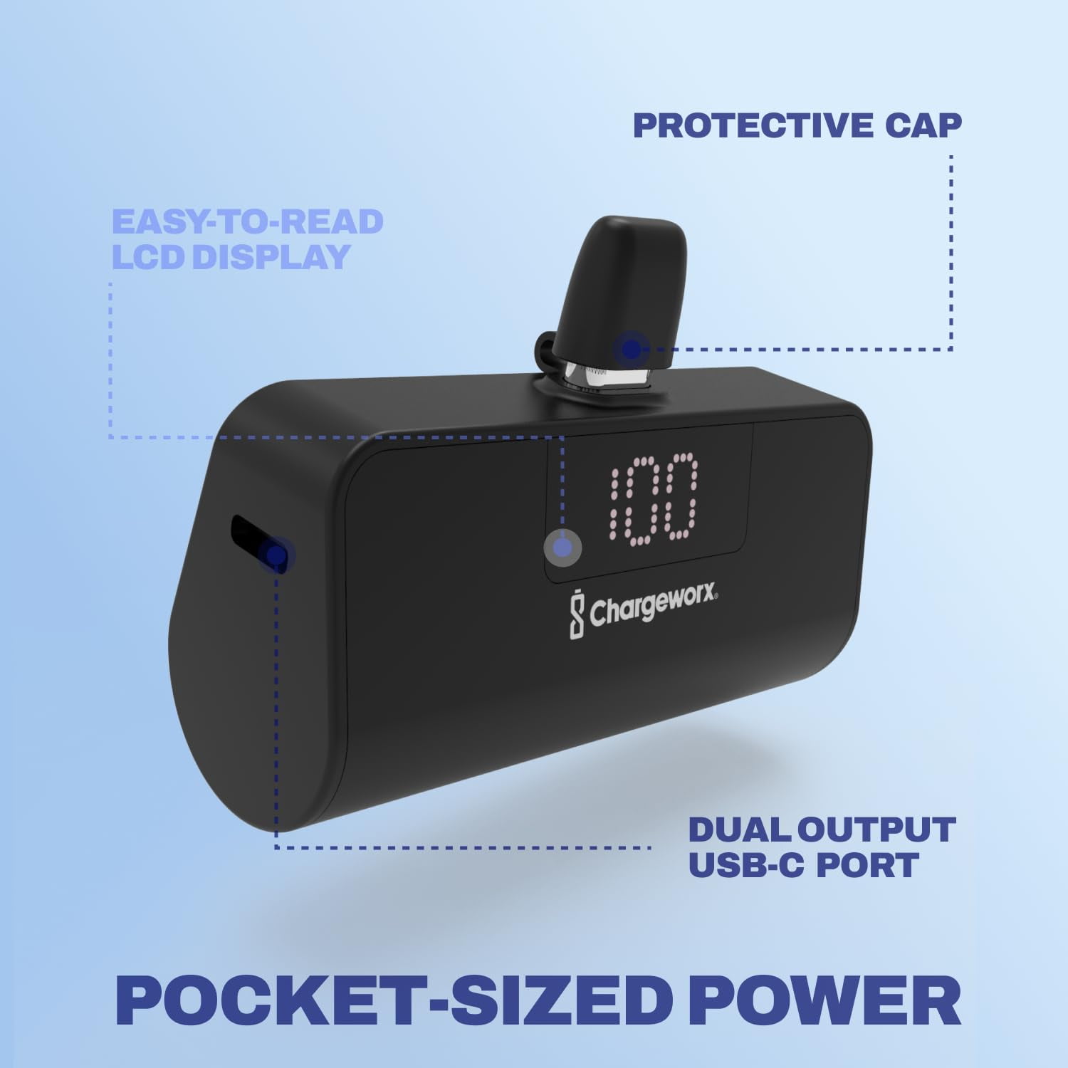 CHARGEWORX Portable Power Bank with LCD Display, Built-in Lightning Connector, Dual Charge Fast Charge Portable Charger 5000mAh, Compatible with iPhone 14, 13, 12 & Older (Black)