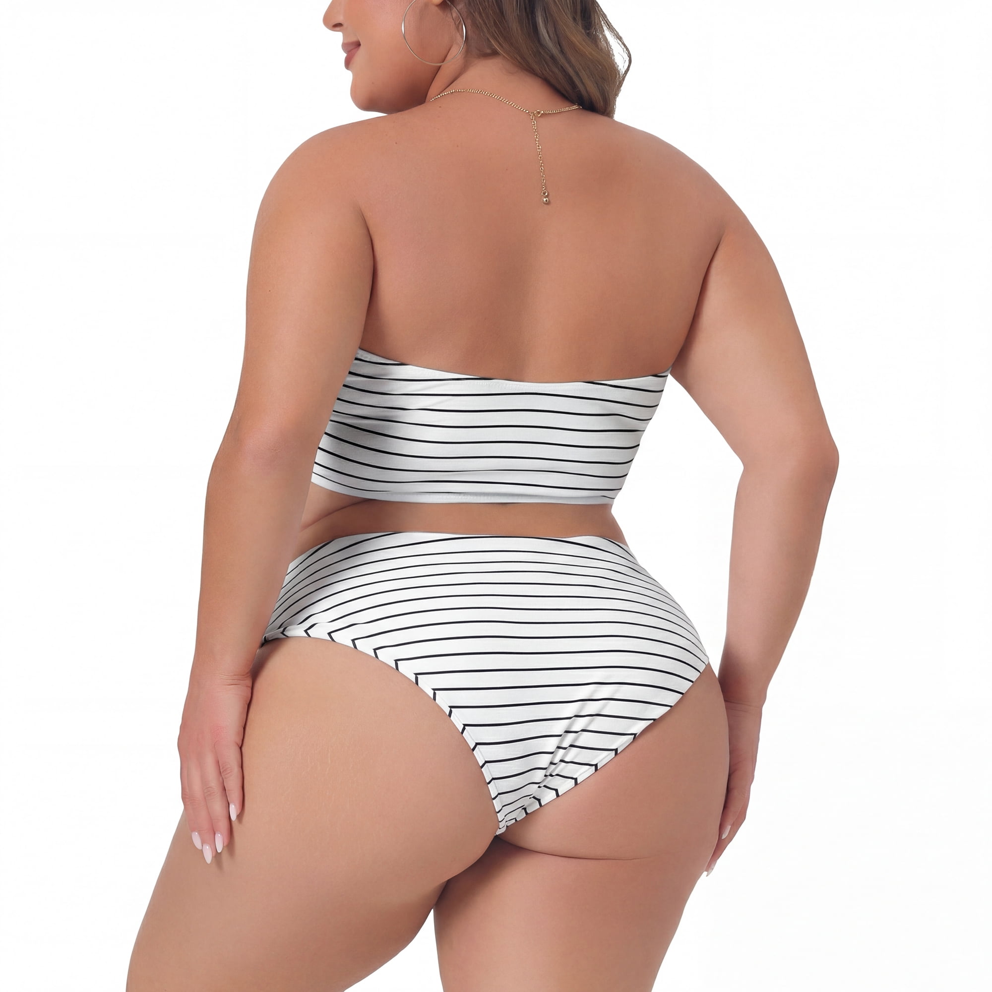 DARING DIVA Women's Plus 2pcs Bandeau Bikini High Waist Bathing Suit 3X White Stripes