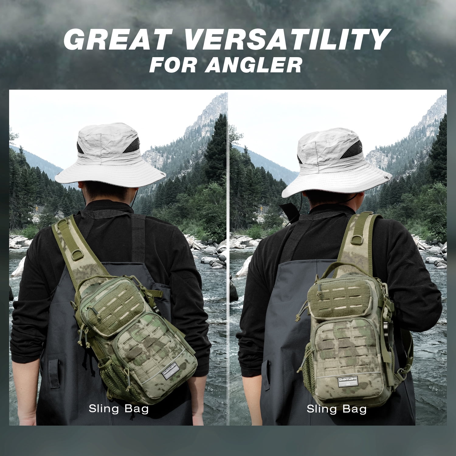 Ghosthorn Fishing Backpack Tackle Sling Bag - Lightweight Sling Tackle Storage Bag with Bait Box - Fishing Backpack with Rod Holder