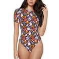 thumbnail image 2 of Uemuo Pumpkin And Flying Bat1 Pattern Women's One Piece Short Sleeve Swimsuit Rash Guard Surfing Modest Quick-drying Swimsuit Beach Essentials-Small, 2 of 9