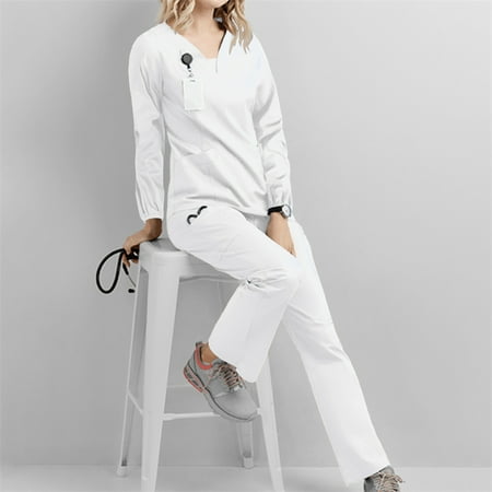 

Woman Scrubs Set 2-Piece V Neck Long Sleeves Uniform with Pockets Non-Sticky Hair Workwear for Pet Hospital