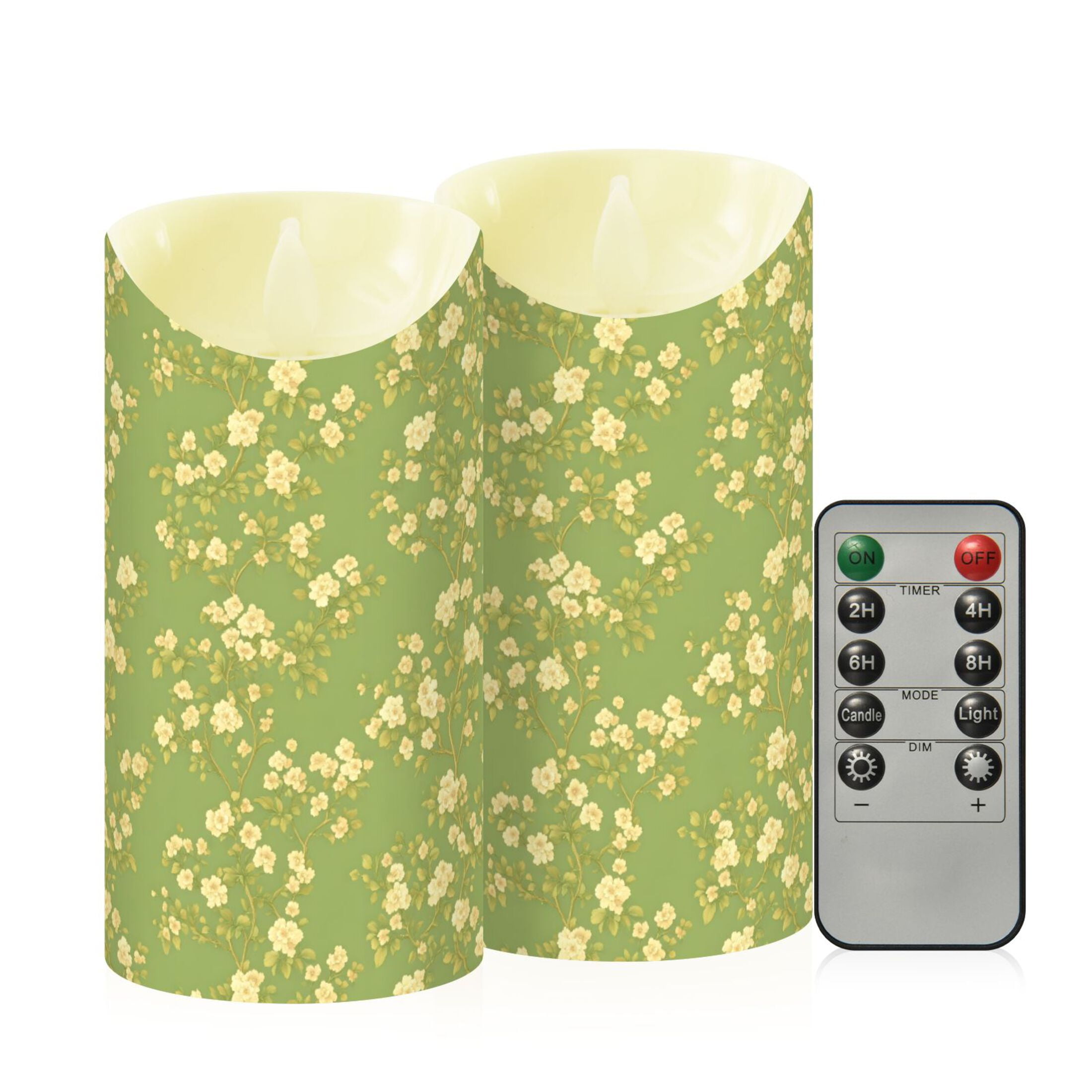 Green Floral Pattern Flameless Candles 2 PCS with Remote Realistic Moving Flame LED Tapered Pillar Set for Home Decor