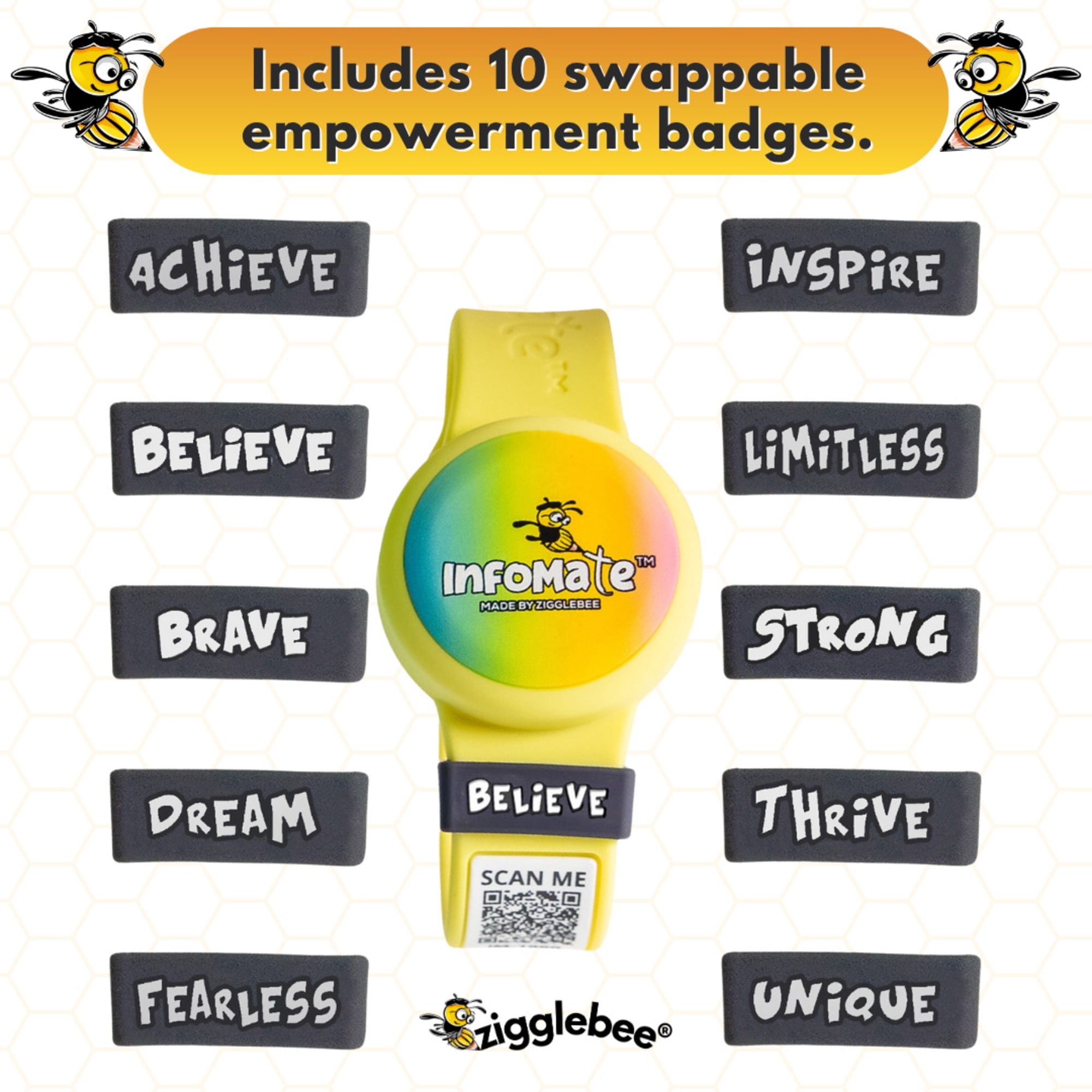 InfoMate by Zigglebee QR Code Medical Bracelet and AirTag Holder Wristband, Canary Yellow, Butterfly Clasp