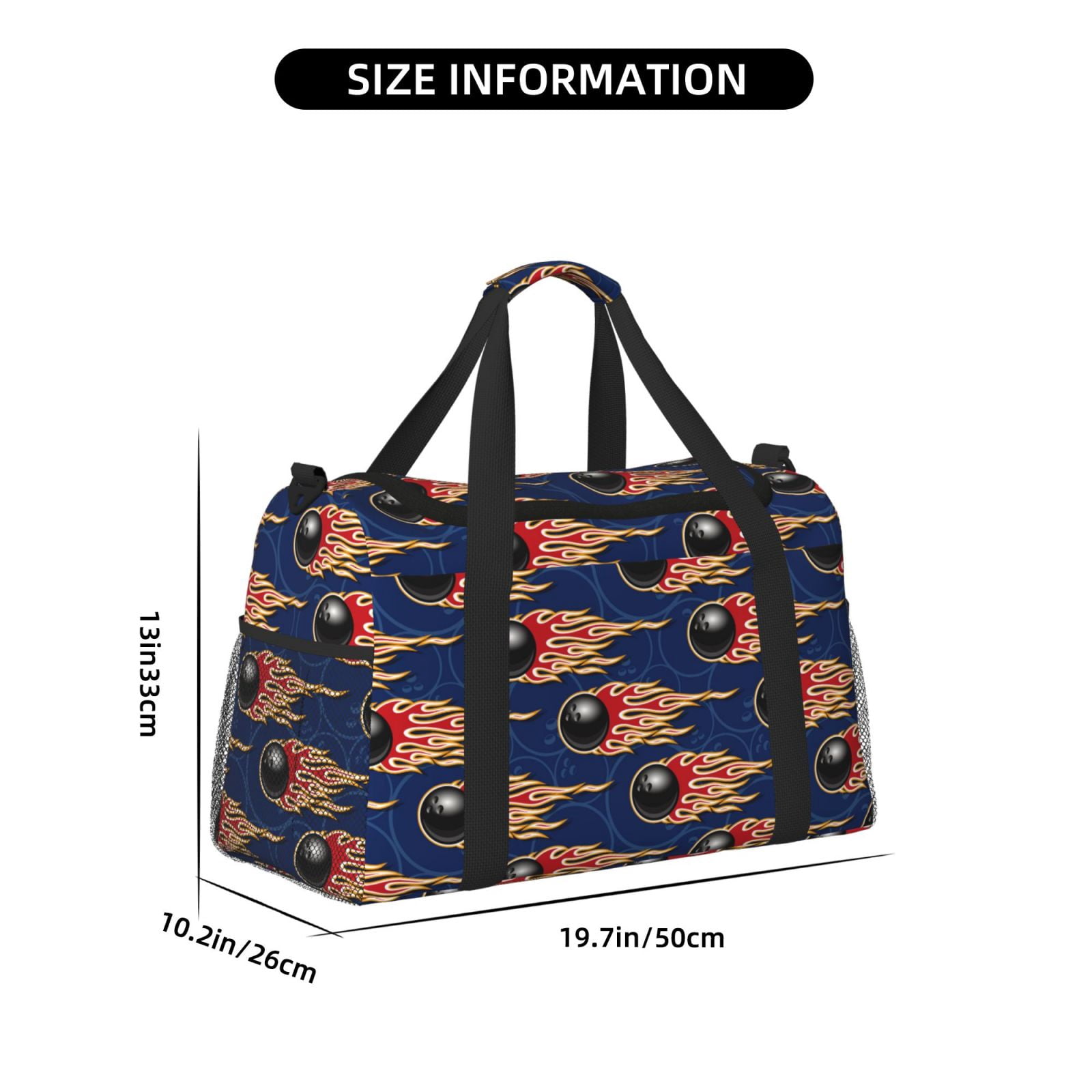 Defioc Bowling Ball And Flame Print Hand Travel Bag - Foldable Travel Duffel Bags for Men Women -Sport Gym Bag - Overnight Travel Duffel Bag - Adjustable Shoulder Strap