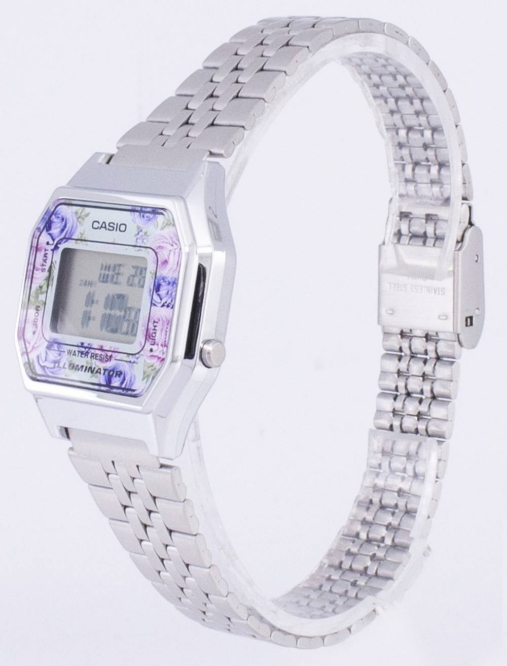 Casio Women’s Digital Watch with Floral Dial and Stainless Steel Bracelet -