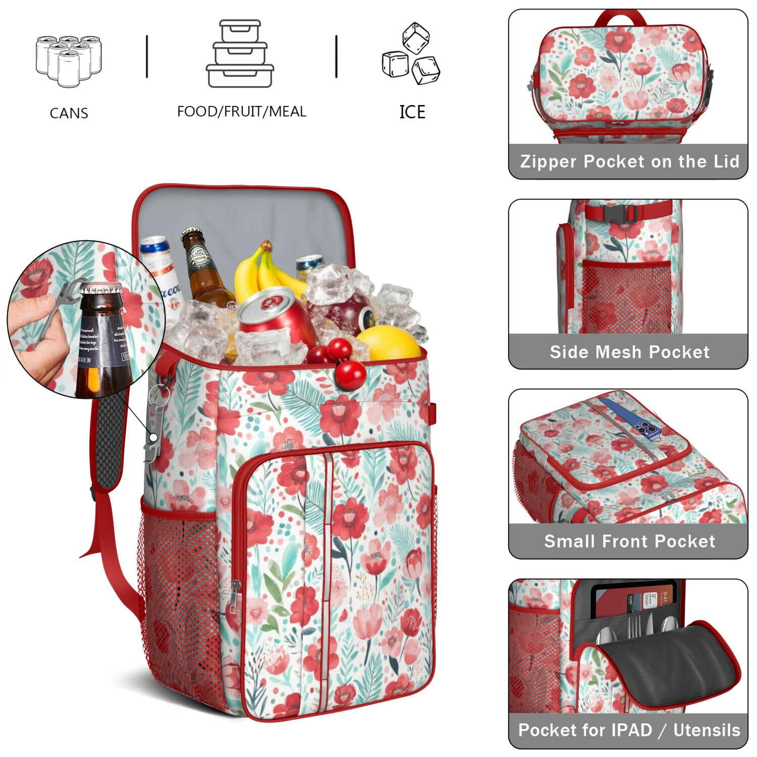 Travel Cooler Bag - Pioneer Flower Camping Beer Cooler Backpack with Bottle Opener- Waterproof Insulated Picnic Backpacks - Cooler Bag for Beach