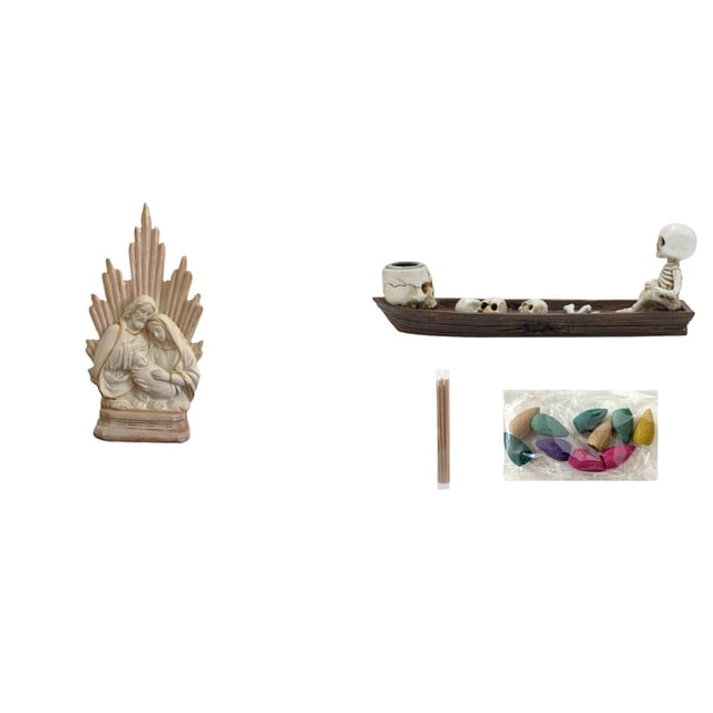 Estatua católica,Colección de figuritas de la Sagrada Familia,Escultura católica de la Santísima Virgen María,Porta incienso,Figura de escritorio con quemador de incienso de barco con