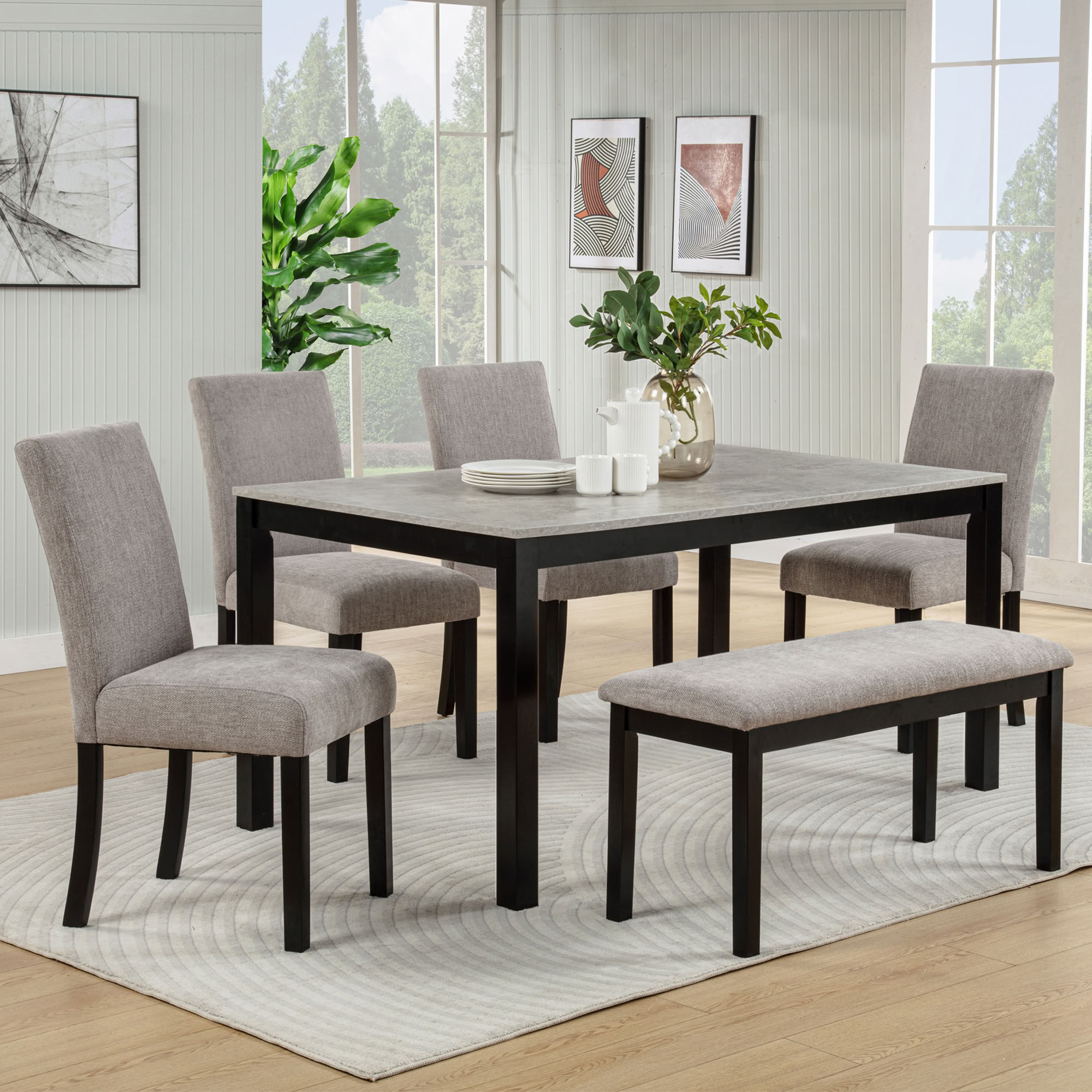 MAYEERTY 6-Piece Dining Table Set with Bench, for 4-6 Person Kitchen Dining Room Restaurant, Grey & Black