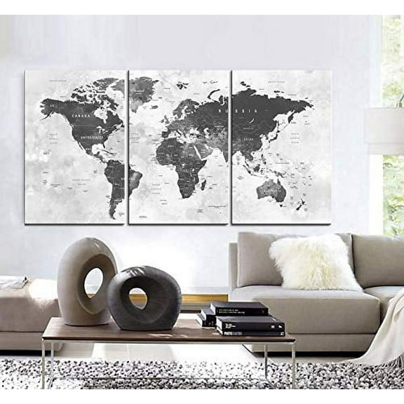 Original by BoxColors Large 30"x 60" 3 Panels 30x20 Ea Art Canvas Print world Map watercolor push pin gray Wall decor Home interior (Included framed 1.5" depth)