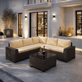 thumbnail image 2 of 6-Piece Outdoor Patio Sectional Sofa Set with Coffee Table - All-Weather PE Wicker Rattan Conversation Set with Thickened Cushions for Garden, Backyard, Beige, 2 of 9