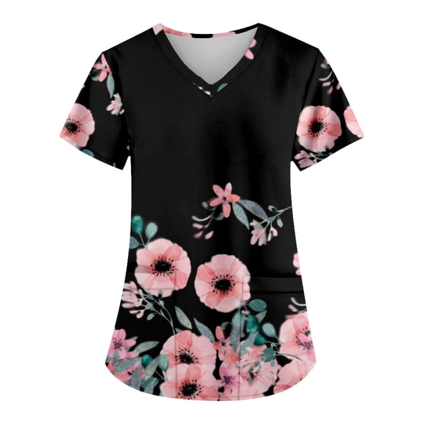 uniforme de trabajo estampado de moda para mujer con camiseta de bolsillo top de manga corta rosa/l