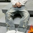 thumbnail image 2 of CPNG Boy's Star Fleece Lined Jeans Teen Boys Straight Wide Leg Button Front Zipper Casual Loose Denim Trousers Streetwear(Blue,5-6 Years), 2 of 5
