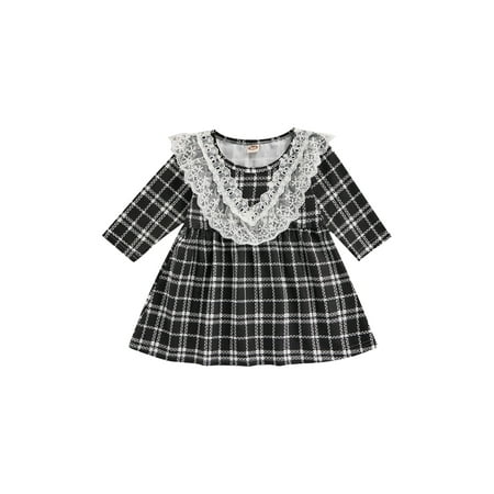 

Maemukilabe Baby Girl Dress Long Sleeve Crew Neck Plaid Heart Patchwork Dress