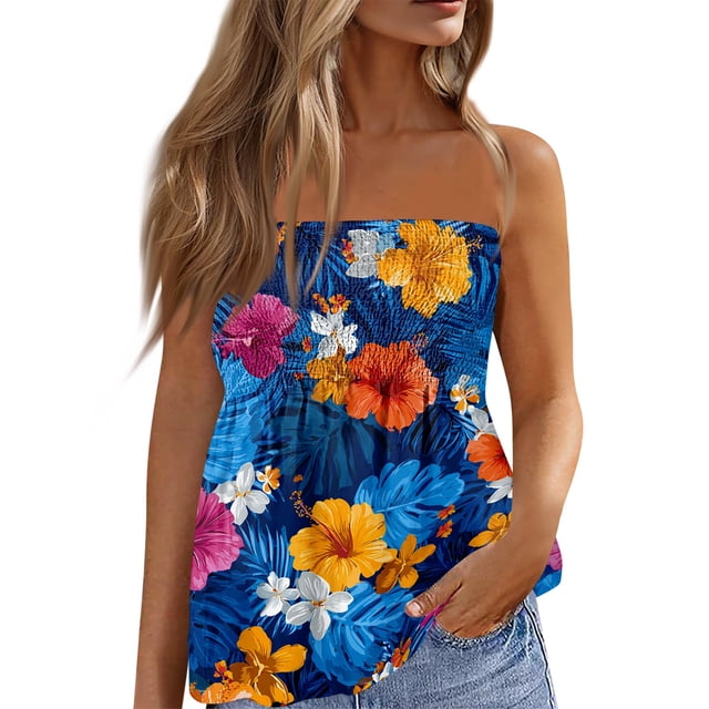OIOLOYJM Womens Tube Top Spring Bandeau Strapless Palm Tree Peplum Top Backless Vacation Flowy Casual Clothes Blue L