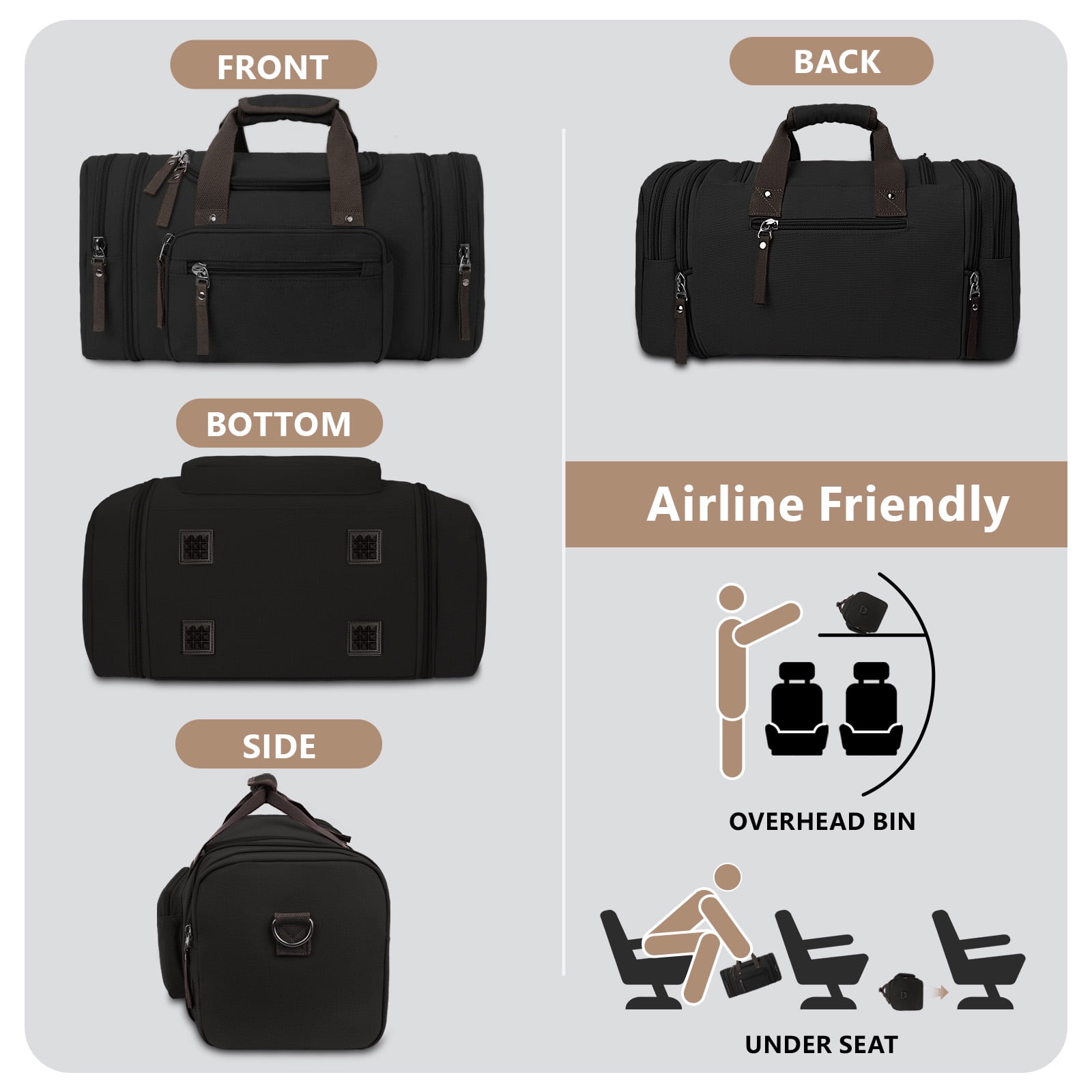 DAKOMM Duffle Bag for Travel, 50L Expandable Canvas Travel Duffel Bags Overnight Weekend Waterproof Gym Carry On Luggage Bag Travel Bag for Men & Women, Black