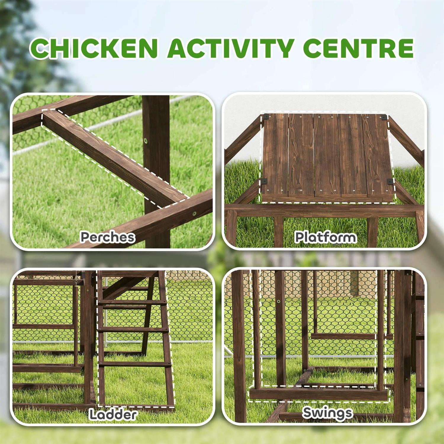 Pefilos 60" Wooden Chicken Activity Play Set for 3-4 Chicken, Outdoor Hen House Accessory with Perch, Swing, Ladder, Platforms, Feeder Storage, for Garden, Brown
