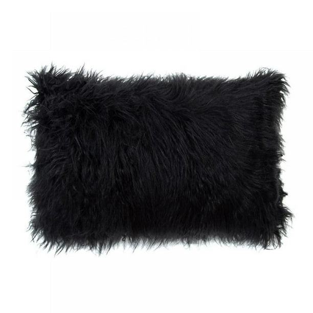 Topwoner Decorative Lumbar Black Fluffy Pillow Covers New Luxury Series Merino Style Faux Throw