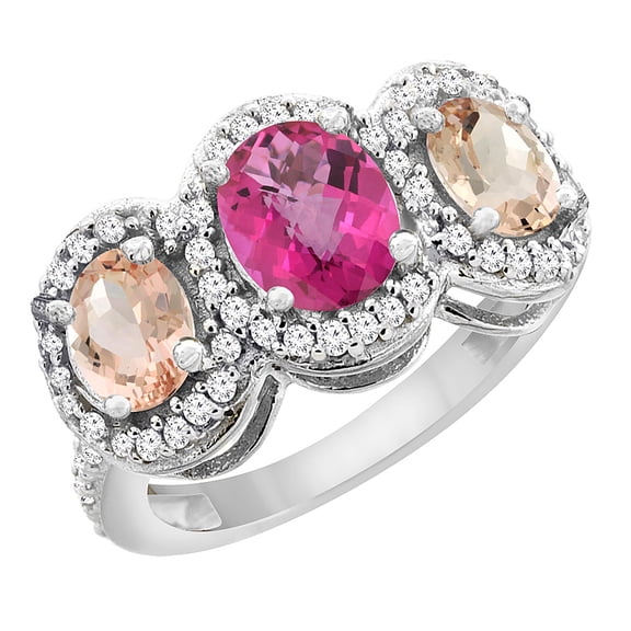 14K White Gold Natural Pink Topaz & Morganite 3-Stone Ring Oval Diamond Accent, size 9