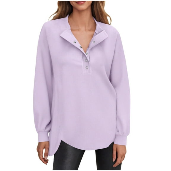 Women's Casual Sweatshirts Solid Color Crewneck Long Sleeve Tunic Pullover Shirts Button Hoodies Fall Clothes (XL, Purple)