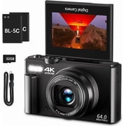 4K Digital Camera for Photography, 64MP Vlogging Camera for YouTube with 3" 180 ° Flip Screen, 18X Digital Zoom Point and Shoot Camara with 32GB Micro SD Card for Beginner (Black)